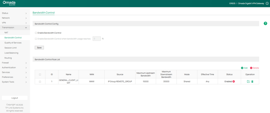 ER605 100Mbps 문제 Bandwidth Control 설정 화면