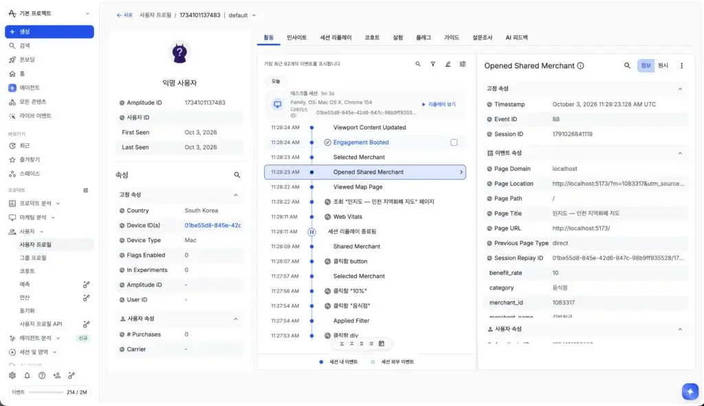 필터 선택과 가맹점 공유 및 공유 링크 유입의 Amplitude 이벤트 타임라인