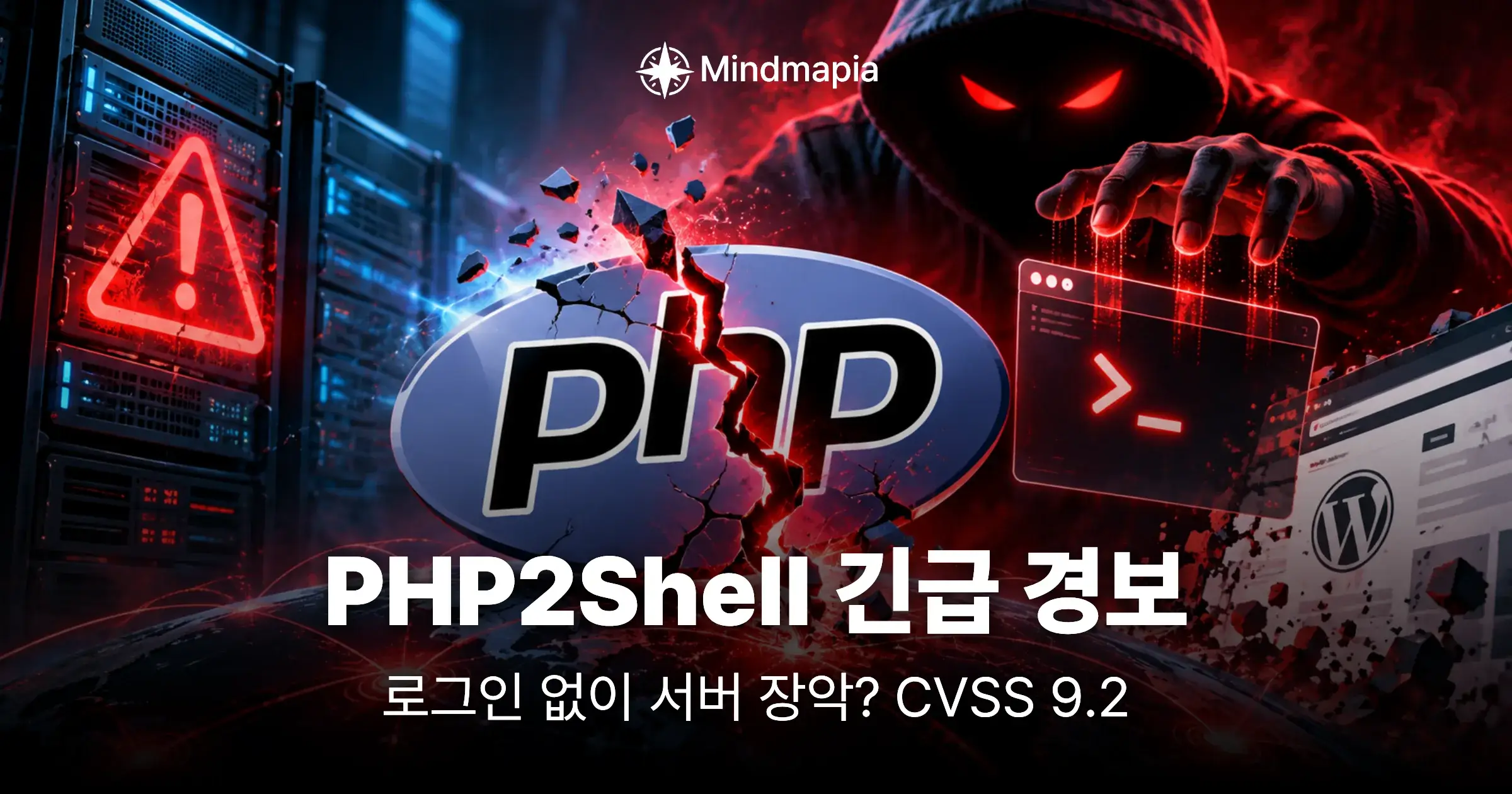 PHP2Shell 긴급 보안 취약점 경고 이미지. 금이 간 PHP 로고와 해커, 서버 경고 표시, WordPress 화면 및 CVSS 9.2 문구